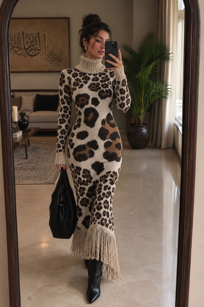 Leopard Knit Maxi Dress with Fringe