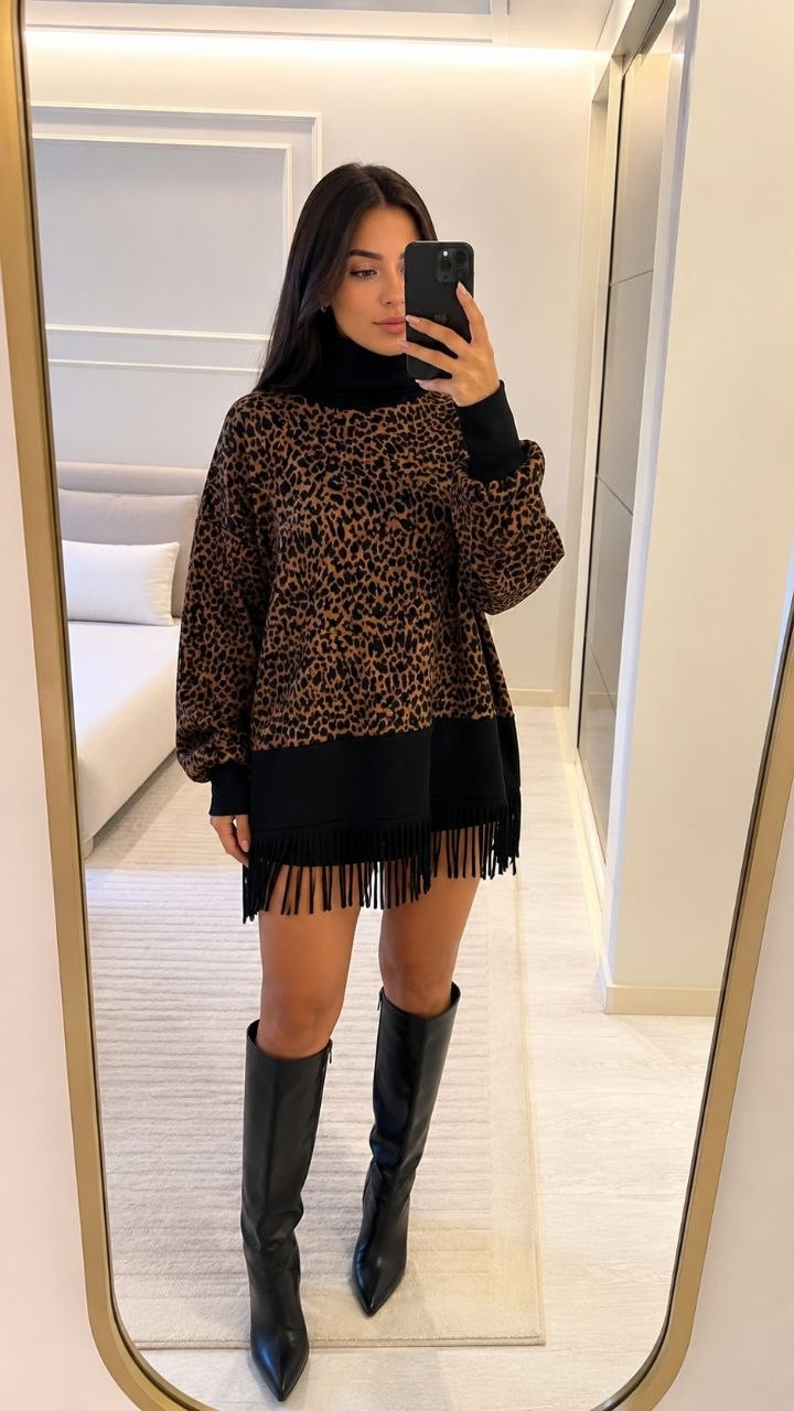 Leopard Turtleneck Knit Pullover, Fringe
