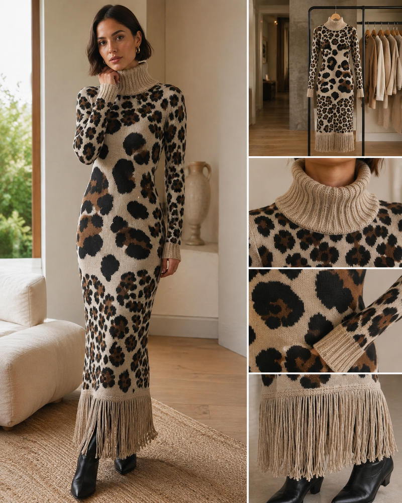 Leopard Knit Maxi Dress with Fringe – view 2