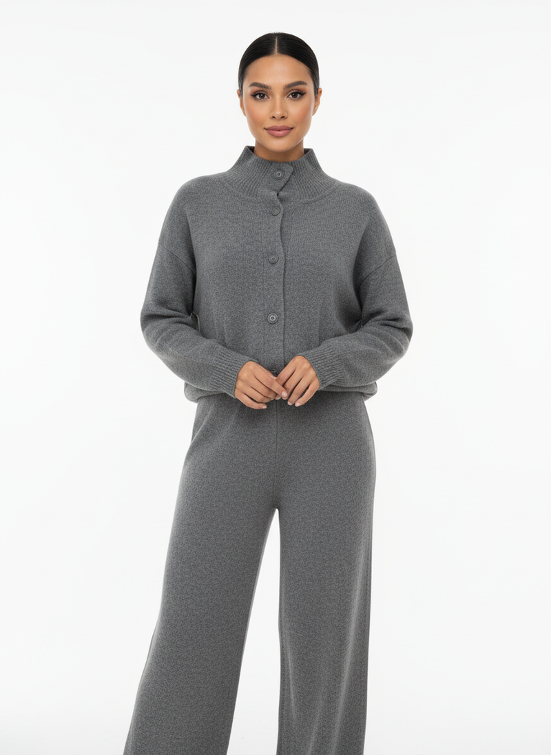 Stand-Collar Button Knit Co-Ord Set