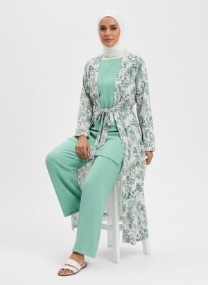 Printed Linen Three-Piece Kimono Set