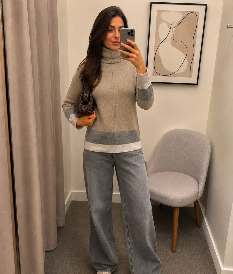 Cafe Color-Block Turtleneck Knit Pullover – view 2