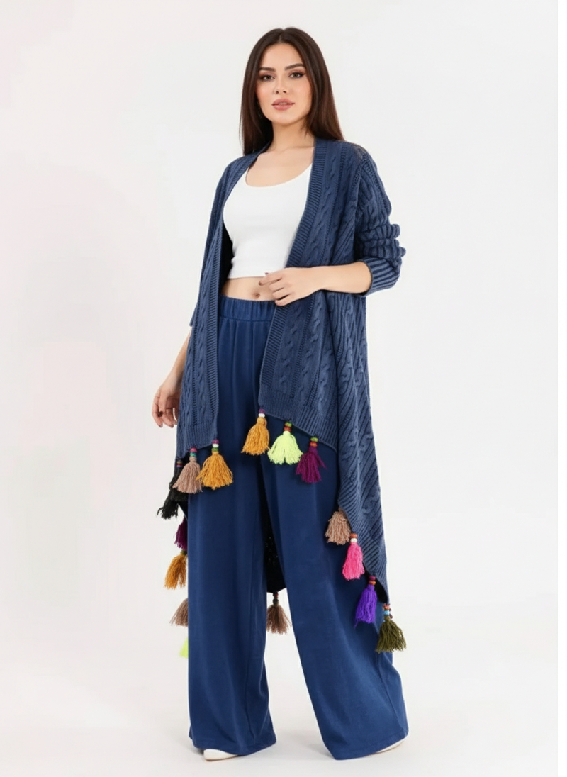 Tassel Knit Cardigan & Wide Pants Set