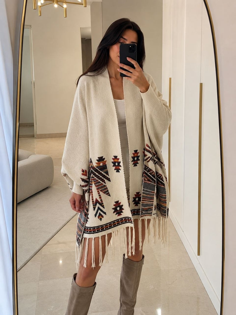 Beige Bohemian Knit Winter Shawl with Fringe – view 2