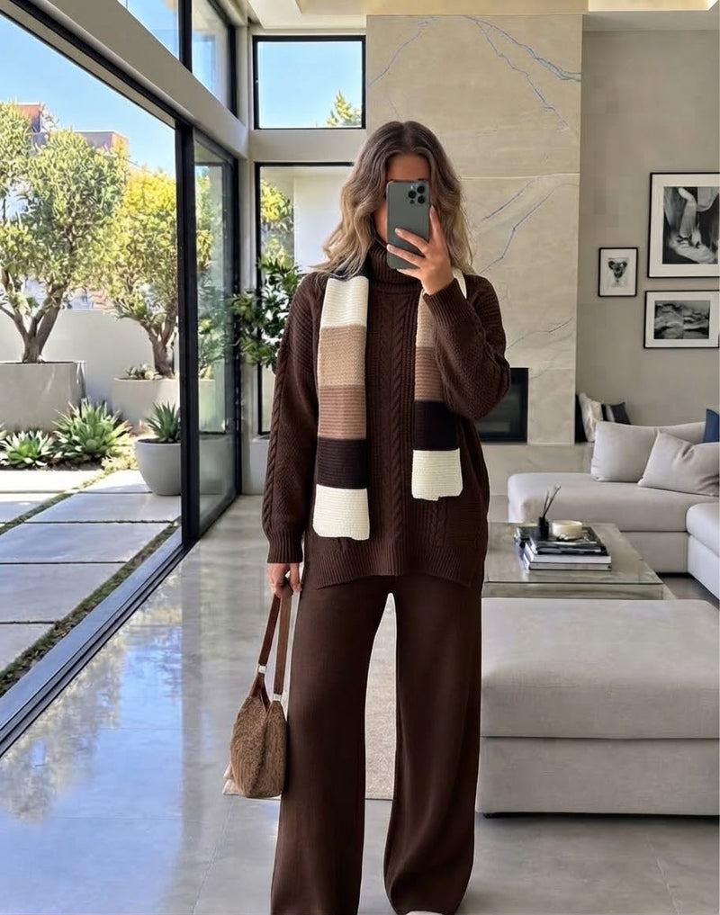 Cable-Knit Set with Striped Scarf