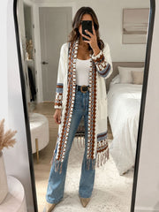 Long Boho Knit Cardigan with Fringe