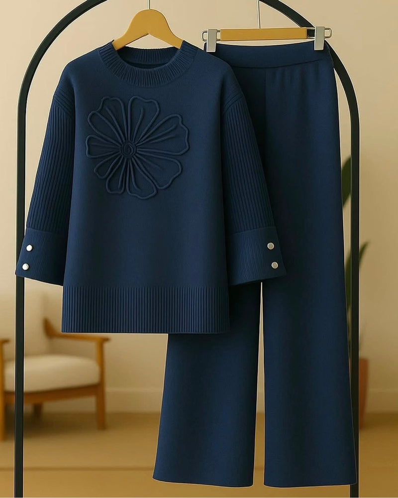Blue 3D Flower Knit Sweater & Pants Set – view 2