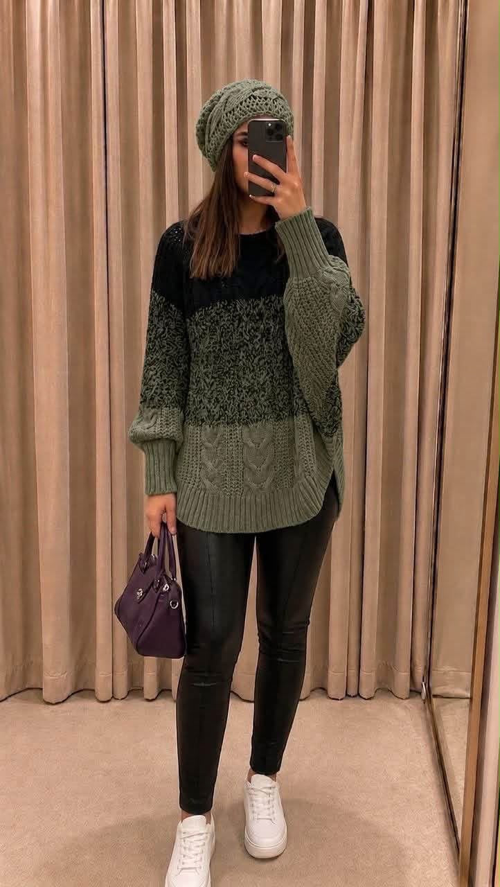 Green Cap Pullover with black yoke and textured panels