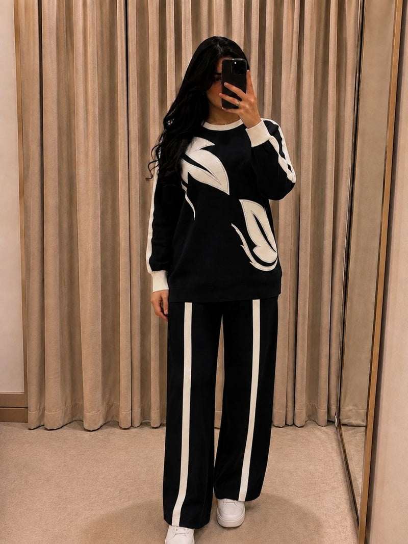 Leaf-Motif Knit Top & Striped Pants Set – view 2