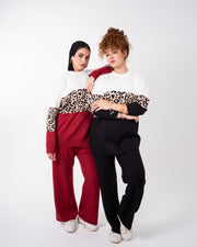 Burgundy Leopard-Band Color-Block Knit Set