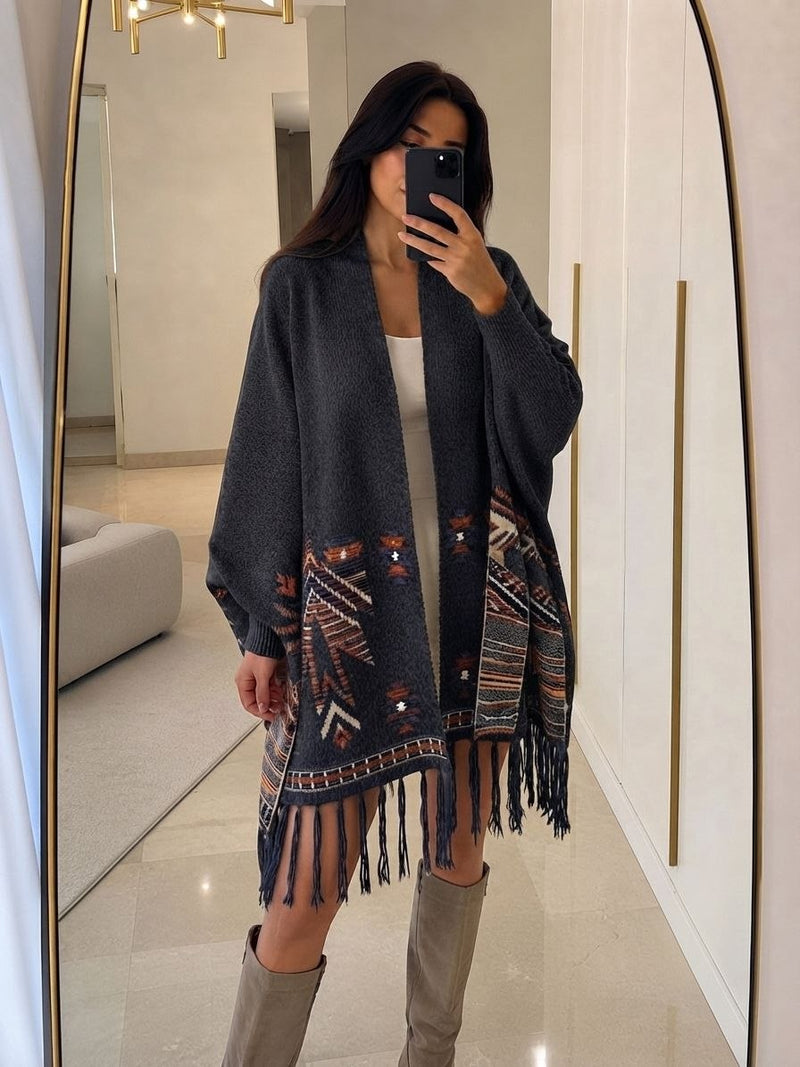 Black Bohemian Knit Winter Shawl with Fringe