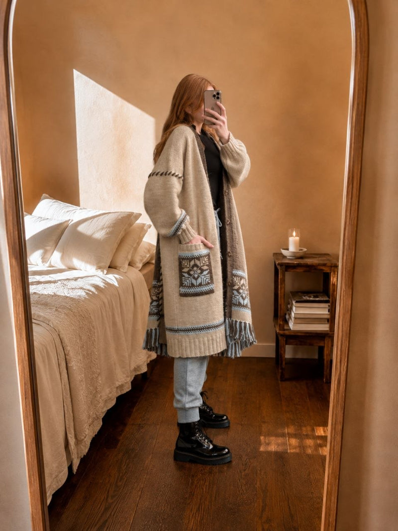 Two-Tone Long Knit Cardigan with Fringe