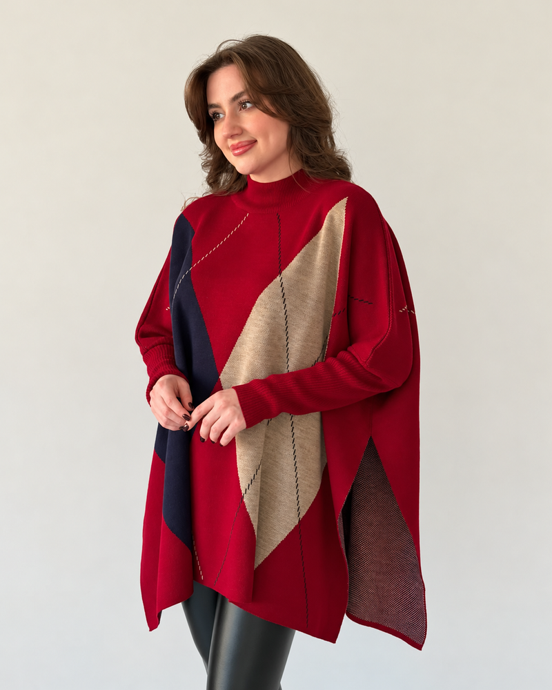 ColorBlock Knit Poncho – Red – close