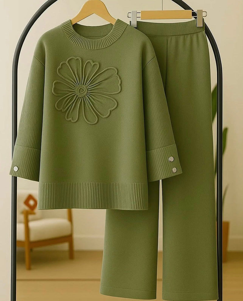 Green 3D Flower Knit Sweater & Pants Set