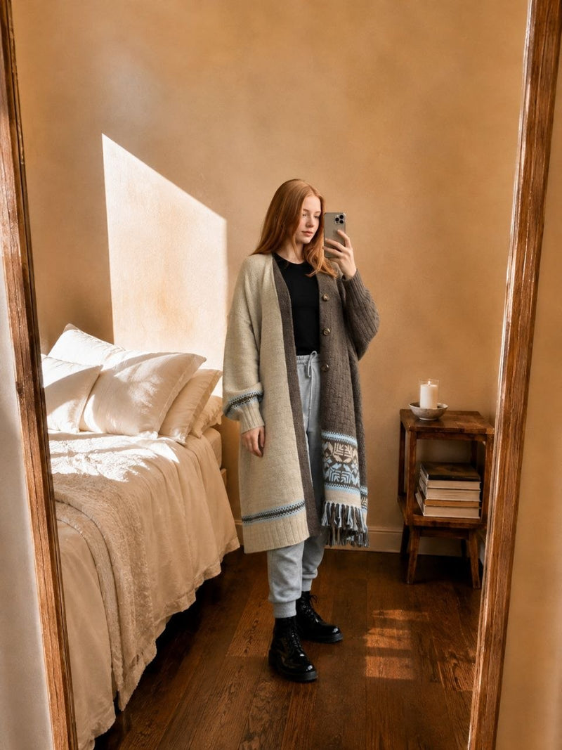 Two-Tone Long Knit Cardigan with Fringe – view 2