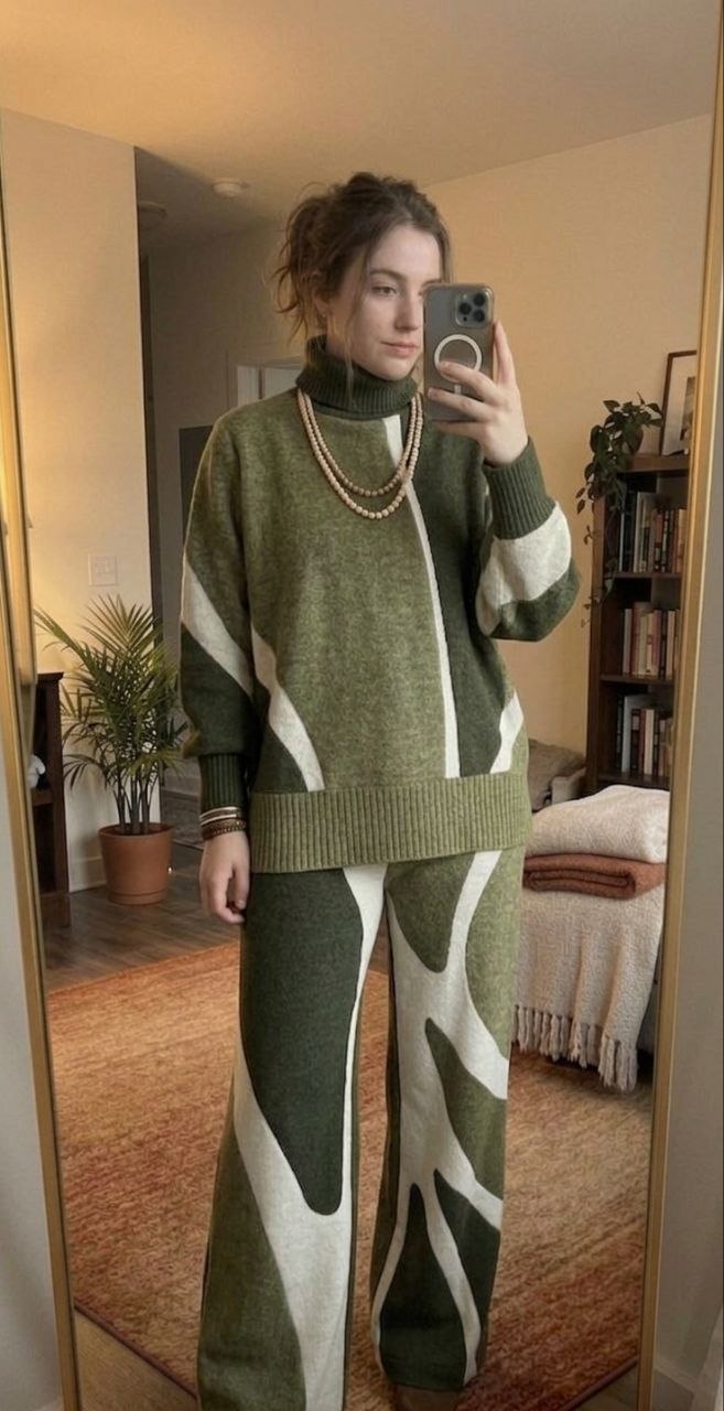 Green Geometric Color Knit Sweater & Pants Set – view 2