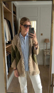 Chunky Argyle Knit Cardigan with Fringe