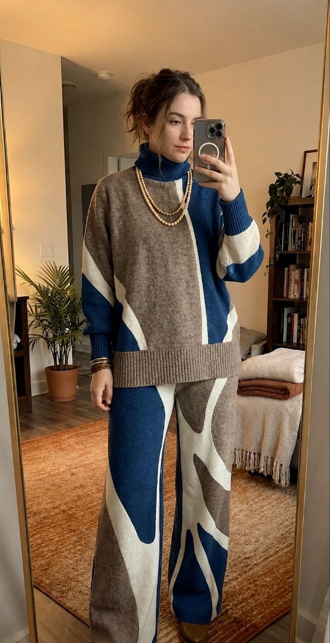 Blue Geometric Color Knit Sweater & Pants Set