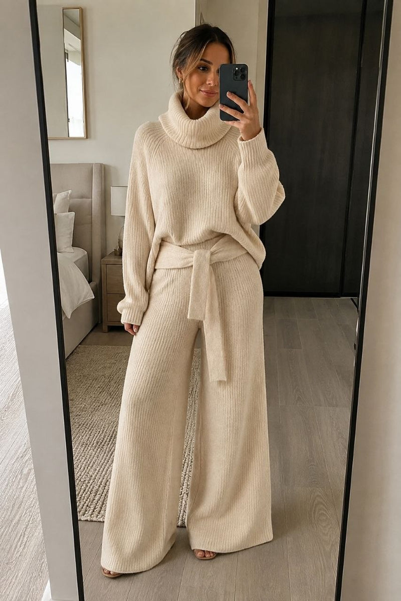 Ribbed Turtleneck Tie-Waist Knit Set – view 2