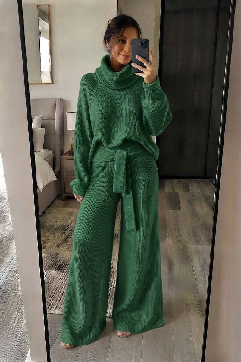Ribbed Turtleneck Tie-Waist Knit Set