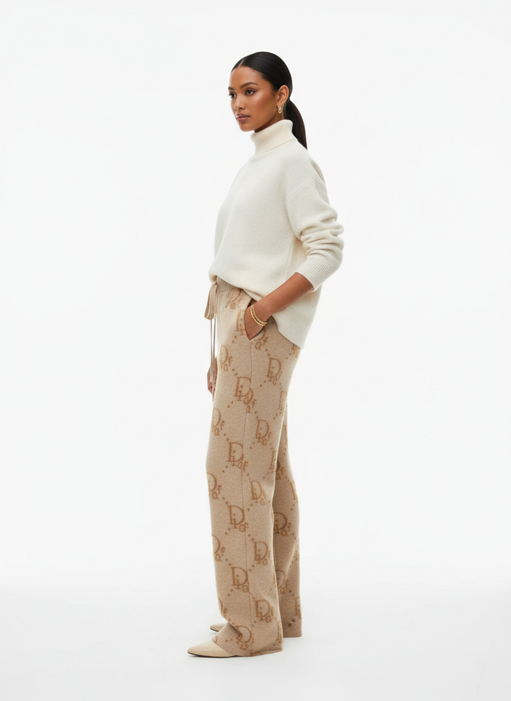 Beige Knit Pants - Monogram Style | Cazameza – Cazameeza
