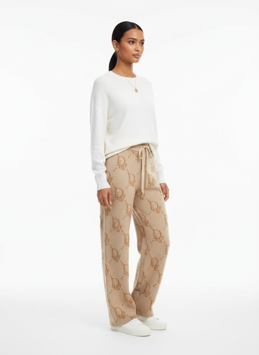 Beige Knit Pants - Monogram Style | Cazameza – Cazameeza