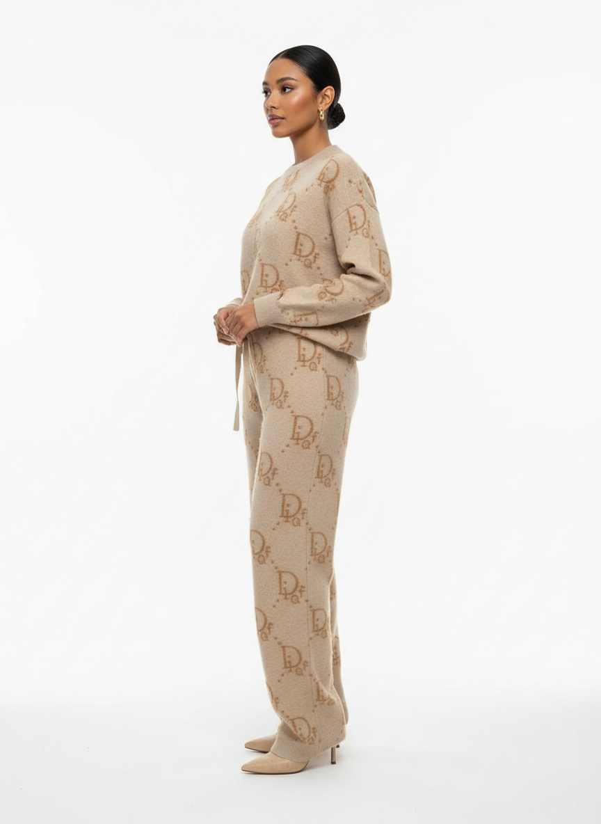 新品 TANGRAM 26ss DOUBLE KNIT LOGO PANTS Beige Knit Pants - Monogram Style | Cazameza – Cazameeza