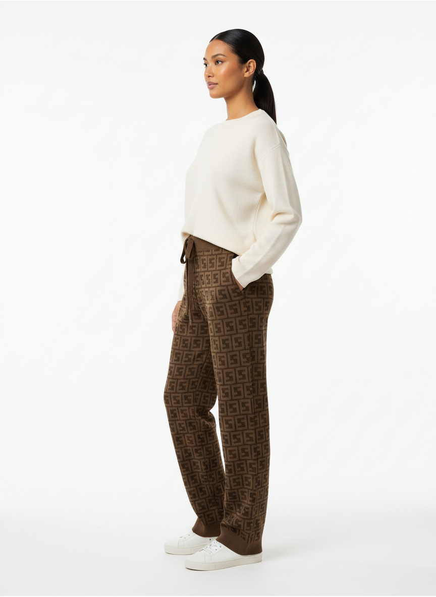 Beige Knit Pants - Monogram Style | Cazameza – Cazameeza