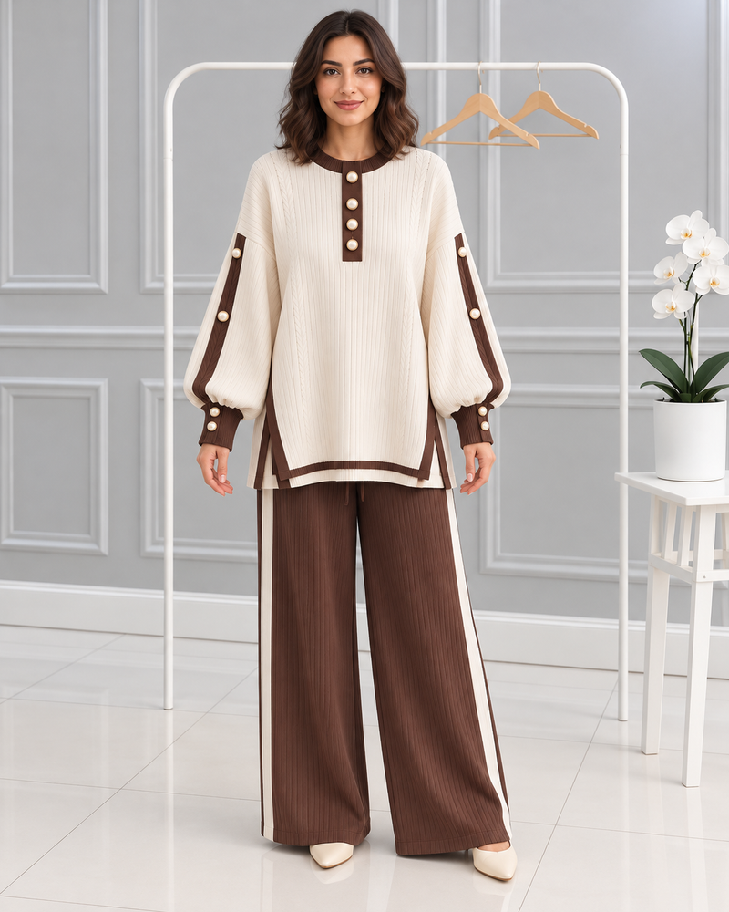 Mocha Elegance Knit Set - brown, full front on model