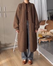 Long Ribbed Knit Button Cardigan - brown, full front