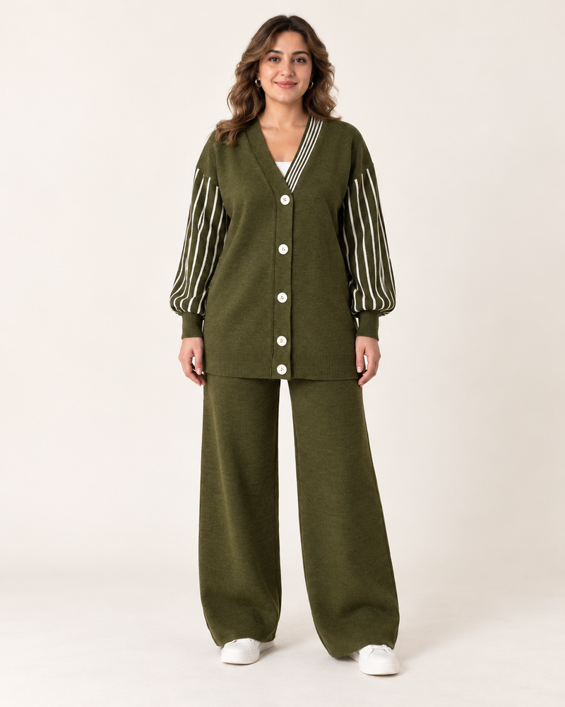 Striped-Sleeve Knit Cardigan & Pants Set – Green, front