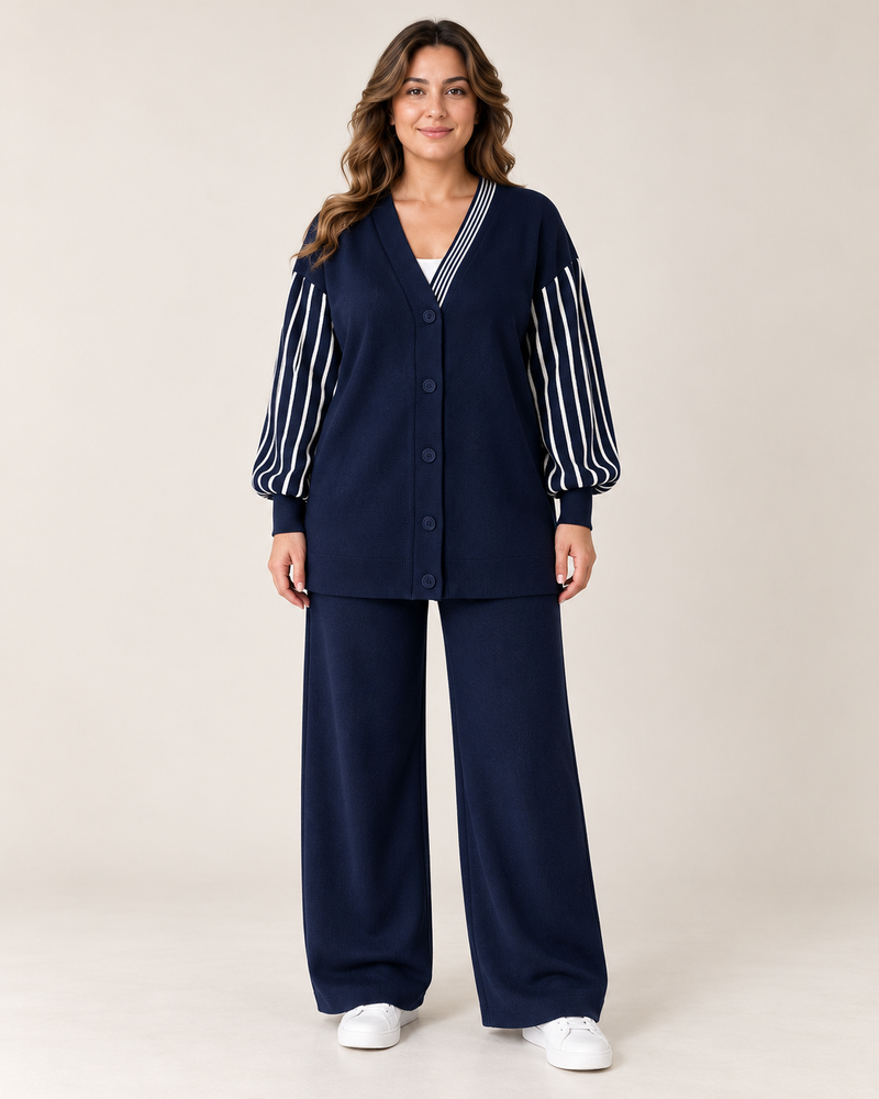 Striped-Sleeve Knit Cardigan & Pants Set – Navy, front