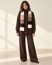 Cable-Knit Set with Striped Scarf - brown, front