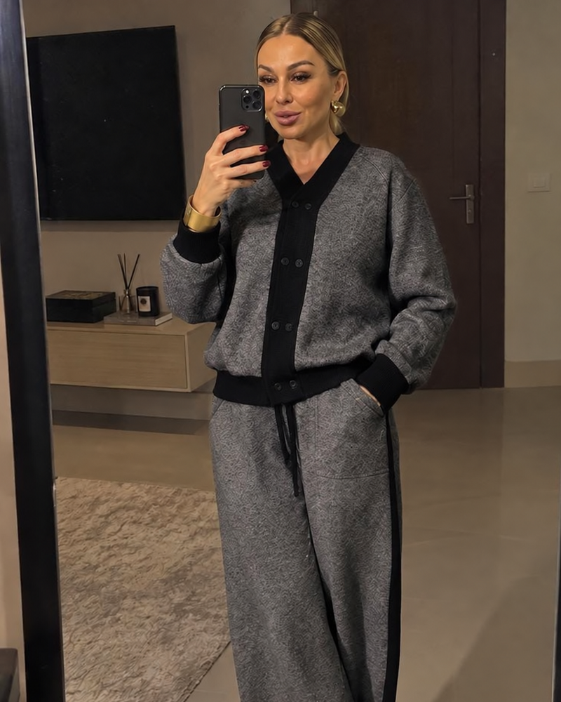 V-Neck Knit Sweater & Side-Stripe Pants Set - grey with black trim, front