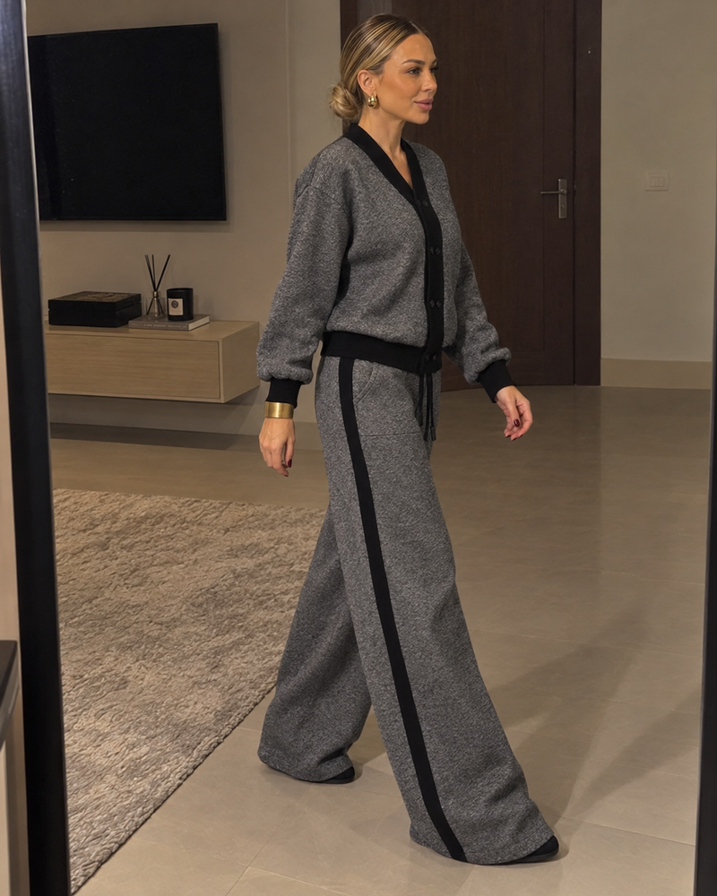 V-Neck Knit Sweater & Side-Stripe Pants Set - grey with black trim, side walking